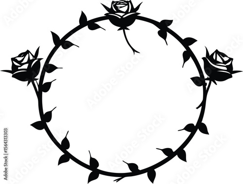 Circular rose garland with roses and thorns vector silhouette illustration