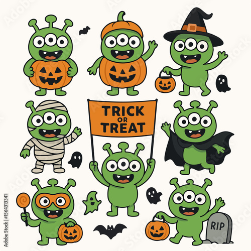 Halloween monster characters with pumpkins and spooky elements