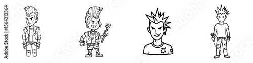 set stylized line drawings of punk-rock characters with spiky hair.