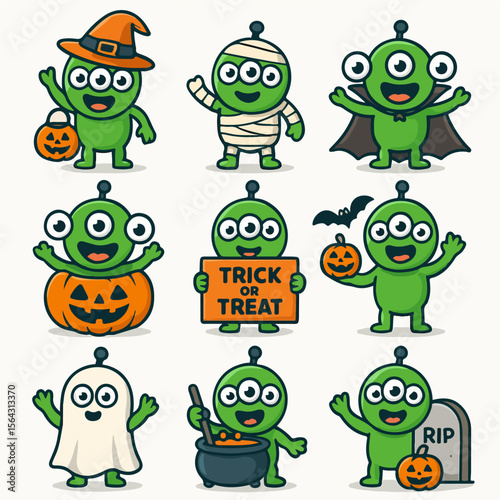 Halloween alien characters in costumes for kids