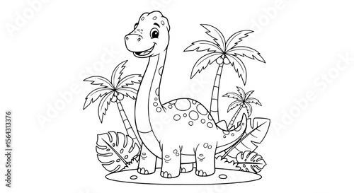 coloring book A cute, smiling brontosaurus stands among palm trees, outline drawing.