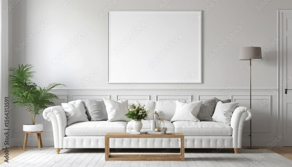 Fototapeta premium Neutral Style Lounge with White Blank Art Frame
