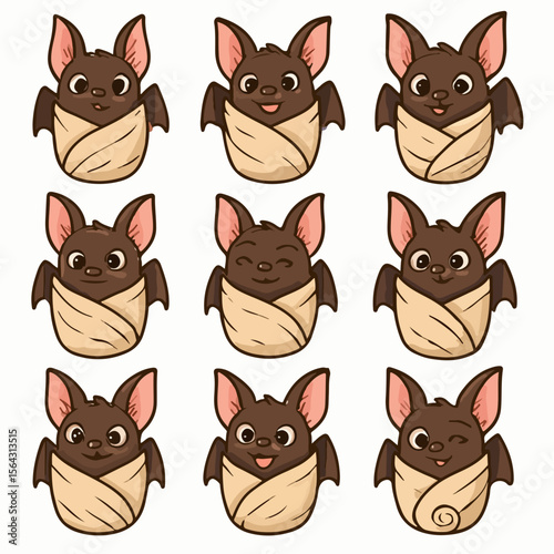 Wrapped baby bats with various expressions