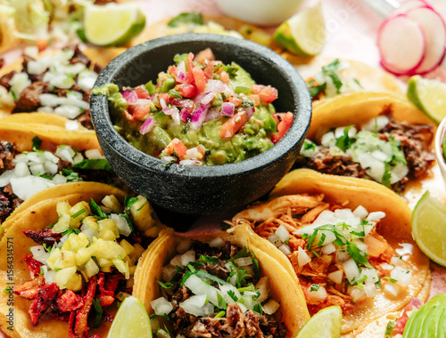 A Bowl of Guacamole and Pico Surrounded by Tacos