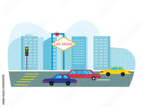 Cityscape with many buildings and cars in las vegas. Las Vegas illustration. Vector flat illustration.