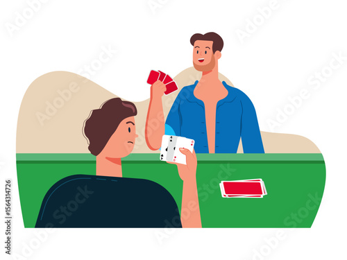 Two men are playing casino poker at a table. Las Vegas illustration. Vector flat illustration.