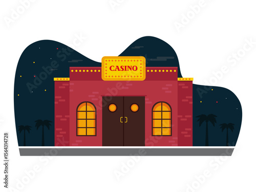 Casino building a place to gamble at night. Las Vegas illustration. Vector flat illustration.