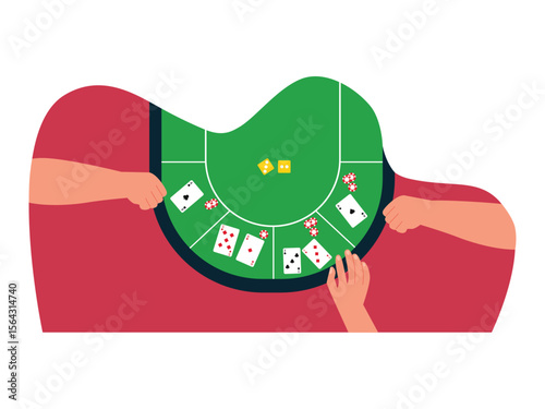 Playing poker and casino, the players' hands want to take the cards. Las Vegas illustration. Vector flat illustration.