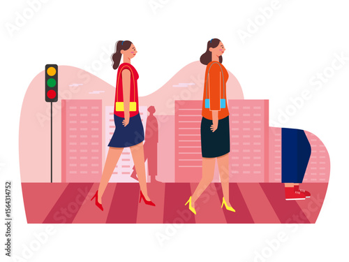 Pedestrians crossing a city street. Las Vegas illustration. Vector flat illustration.