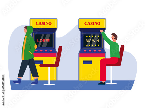 Two men play a slot machine, the losing man leaves and the winning one sits down raising his hands with excitement. Las Vegas illustration. Vector flat illustration.