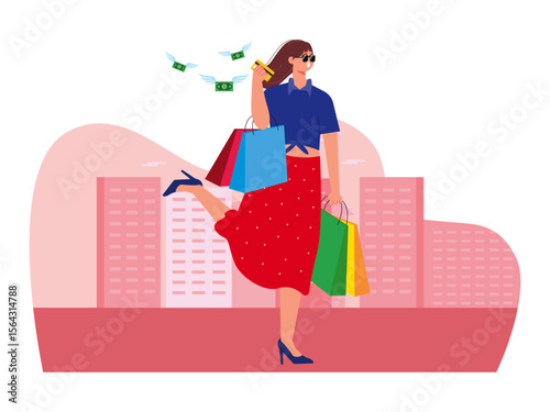 Woman spending money carrying lots of shopping bags. Las Vegas illustration. Vector flat illustration.