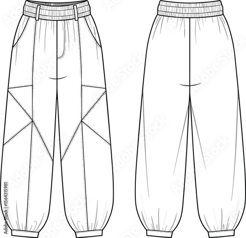 Cargo pants technical flat, vector fashion sketch, CAD drawing of jogger trousers, front and back view, elastic waist, detailed seams