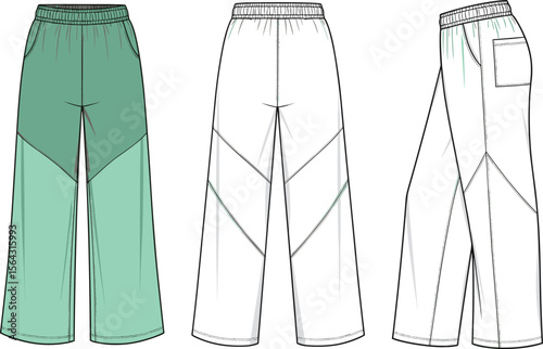 Wide leg pants technical flat, fashion design illustration, CAD garment sketch, front back side view, color blocked pants vector