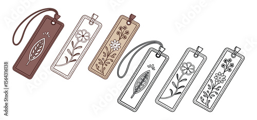 Decorative floral bookmarks with leaf and flower illustrations in various colors perfect for stationary designs