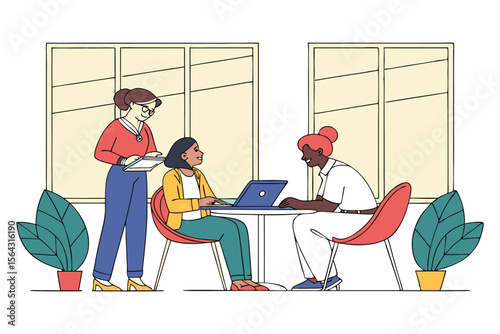 Diverse businesswomen collaborating on a project in a modern office setting with natural light and plants.