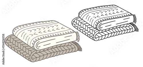 Illustration of two folded blankets one in color and another in black and white for comfort and warmth.