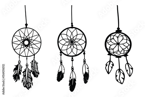 Three black and white detailed dreamcatcher designs with feathers representing spiritual decorative symbols