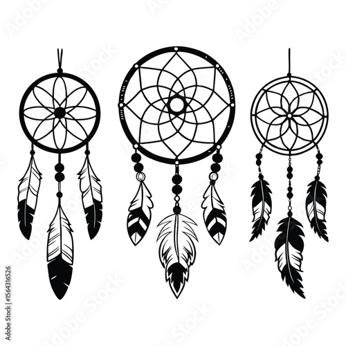Three stylized black and white dream catcher designs featuring intricate web patterns and hanging feathers on a clean white background.