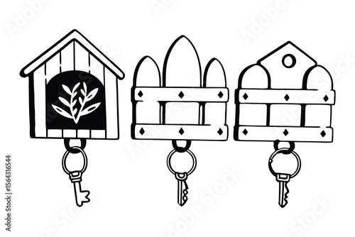 Three decorative hand drawn key holders in different shapes with keys attached in minimalist black and white style.