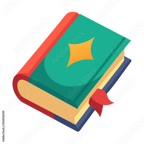 A stylized cartoon illustration of a thick book with a green cover featuring an orange star symbol, red binding, yellow pages, and a red ribbon bookmark in a clean vector art style.
