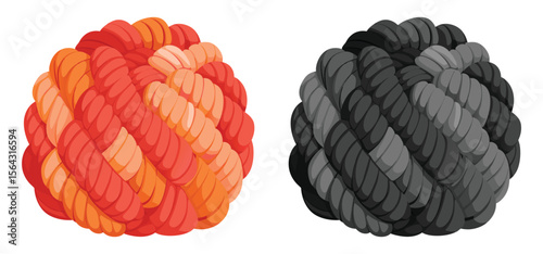 Two illustrations of spherical rope clusters in shades of red orange and grayscale colors against a white background