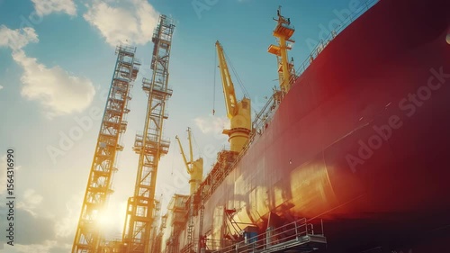 Shipbuilding: Cranes Lift Vessel, Sunset Glow