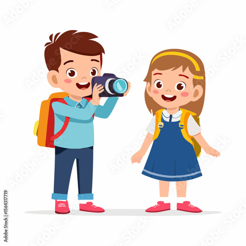 Boy Taking Photo of Girl Cute Children's Photography Illustration