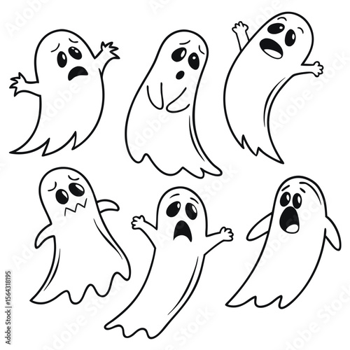 Black and white illustration features a collection of six cartoon ghosts, each depicted with a unique expression of fright or surprise. The ghosts have simple, rounded shapes and prominent eyes.