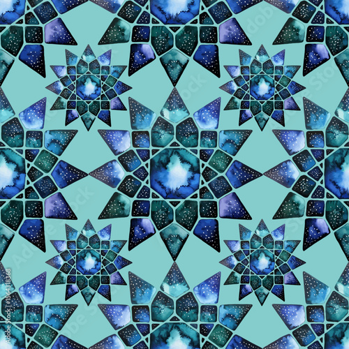 Seamless watercolor star pattern in shades of blue and teal on a light background.