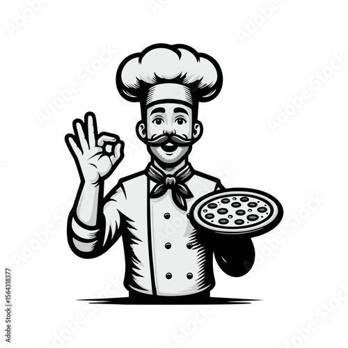 Chef Pizza Cartoon retro logo icon design illustration