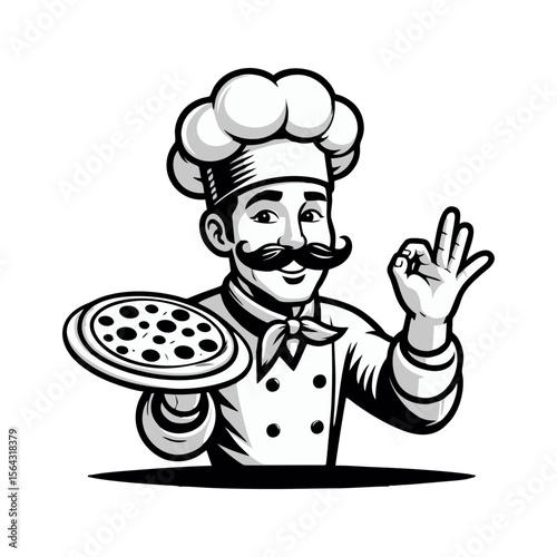 Chef Pizza Cartoon retro logo icon design illustration