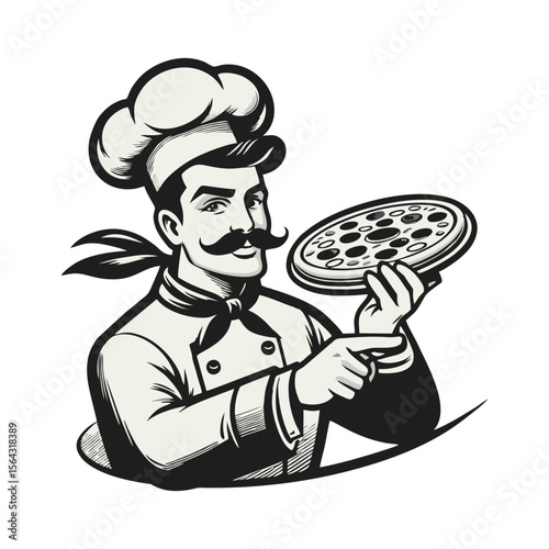 Chef Pizza Cartoon retro logo icon design illustration