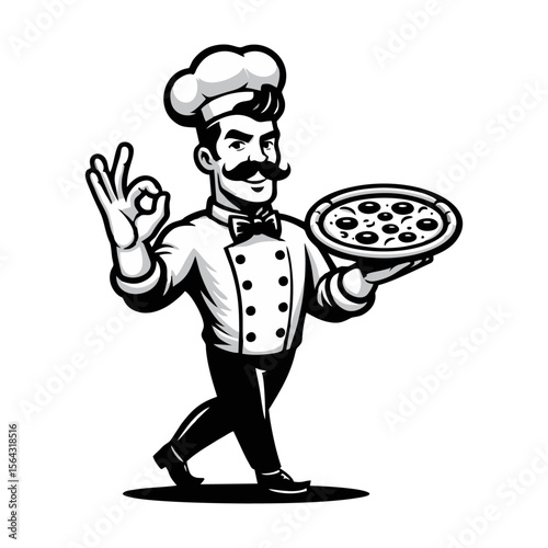 Chef Pizza Cartoon retro logo icon design illustration