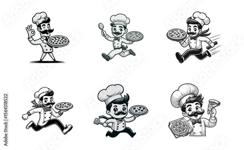 Chef Pizza Cartoon retro logo icon design illustration
