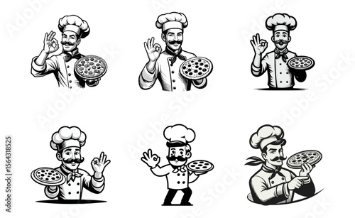 Chef Pizza Cartoon retro logo icon design illustration