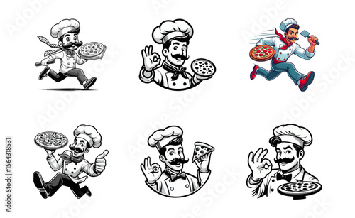 Chef Pizza Cartoon retro logo icon design illustration