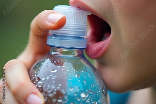 Hiker .Water Bottle Nozzle Touching Chapped Lips, Condensation Visible On Plastic Surface. AI-generated