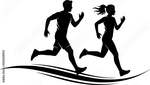 Running man and woman, isolated vector silhouettes. Run, side view. Silhouettes of athletic looking male and female runners running. EPS 10 version.