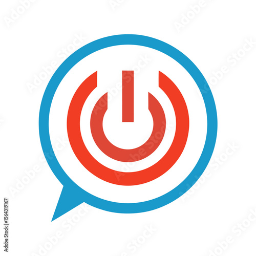 Red power symbol inside blue speech bubble communication