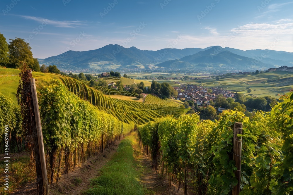 Naklejka premium The picturesque vineyard scenery, bathed in the sunlight, is a sight to behold. The lush green vines and rolling hills stretch out beneath a clear blue sky, with the distant mountains providing a bac