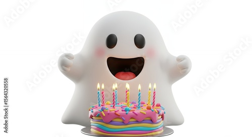 Cheerful ghost with birthday cake