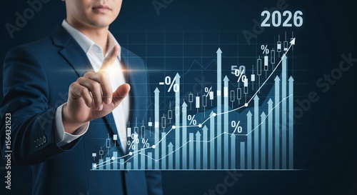 Businessman Pointing At 2026 Financial Growth Holographic Chart With Big Clear Candlestick Graph, Upward Arrows And Percentage Symbols – Future Economy Concept