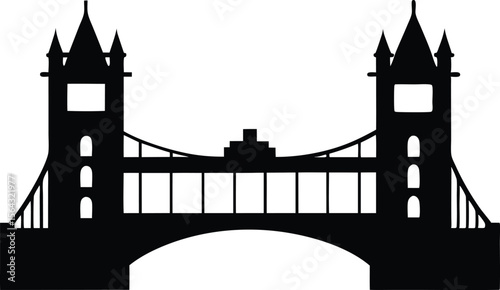 London bridge silhouette, Iconic tower bridge silhouette in black against a clean white background