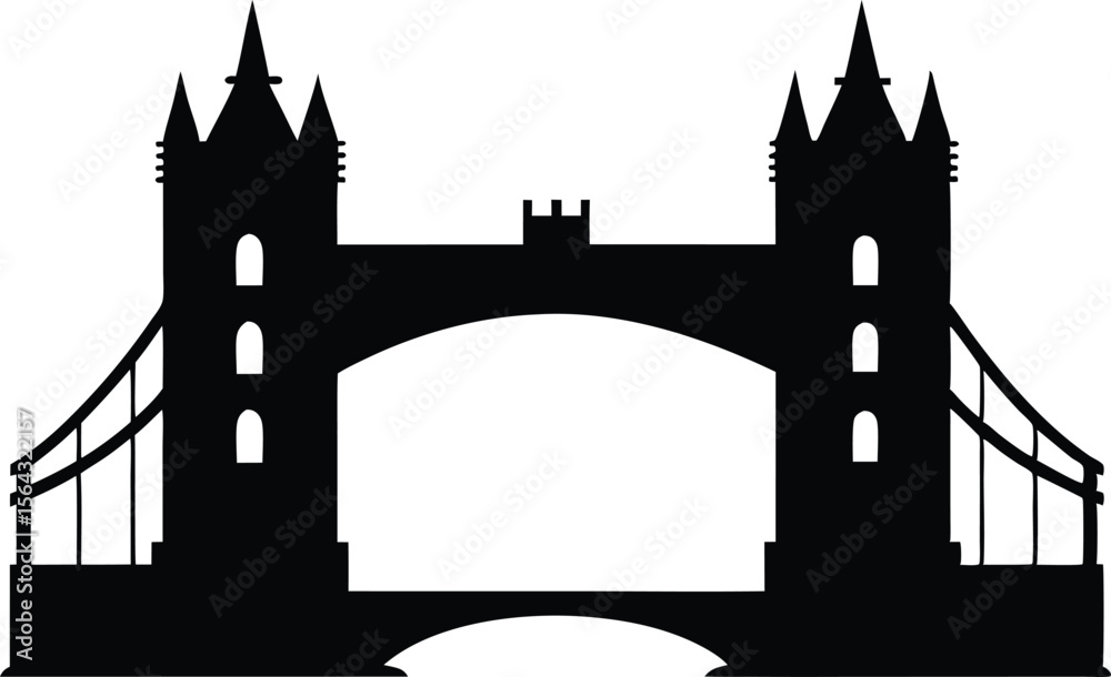 Fototapeta premium London bridge silhouette, Iconic tower bridge silhouette in black against a clean white background