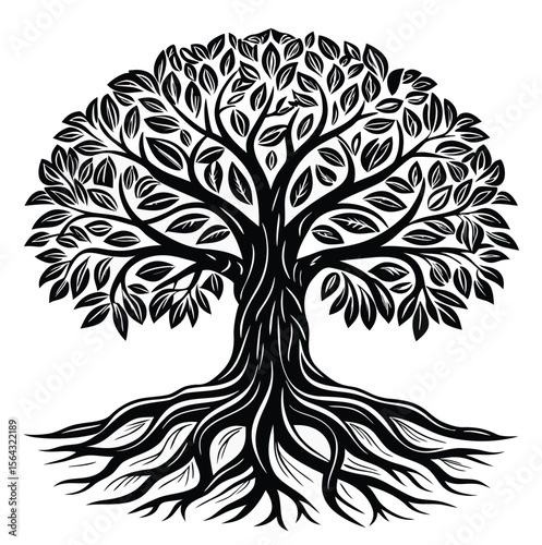 Intricate black and white illustration of a majestic tree of life with elaborate roots and lush foliage