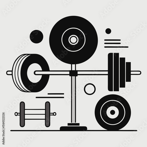 Modern minimalist illustration of a barbell and weights on a stand representing strength training and fitness equipment