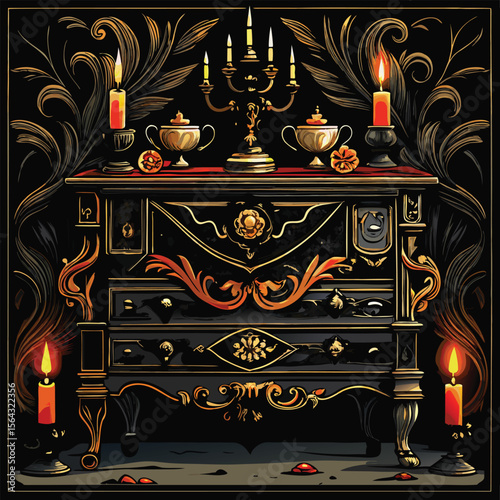 Ornate victorian dresser illuminated by flickering candlelight adorned with gilded details and decorative elements evoking a sense of gothic elegance and mystery