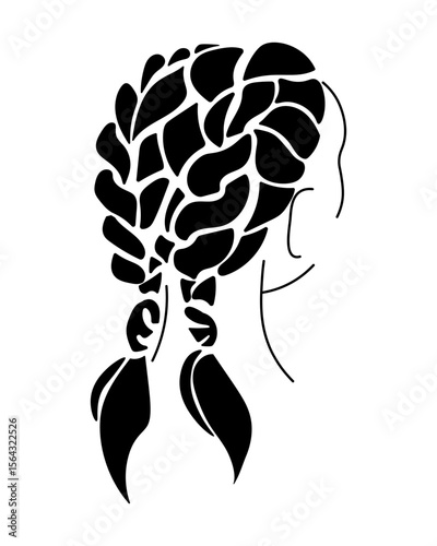 Silhouette of a stylish hairstyle with two short braids, fashionable women's braided styling for design