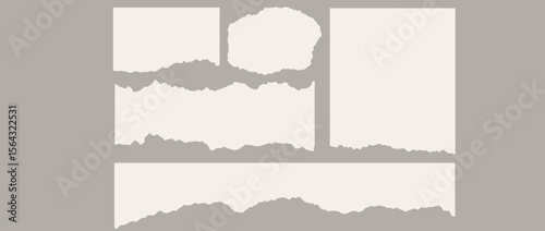 Torn paper piece collection. Beige shapes with jagged uneven edges. Ripped different paper fragment set. Textured grunge element bundle for collage, text box, banner, sticker, poster, flyer. Vector