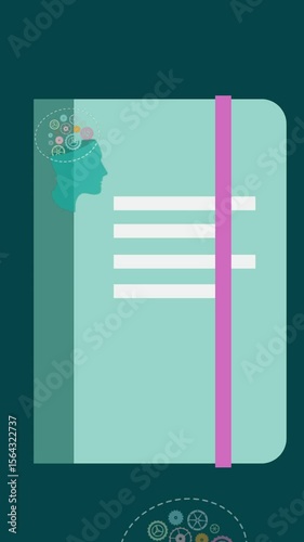 Animation of head with cogs icons over notebook